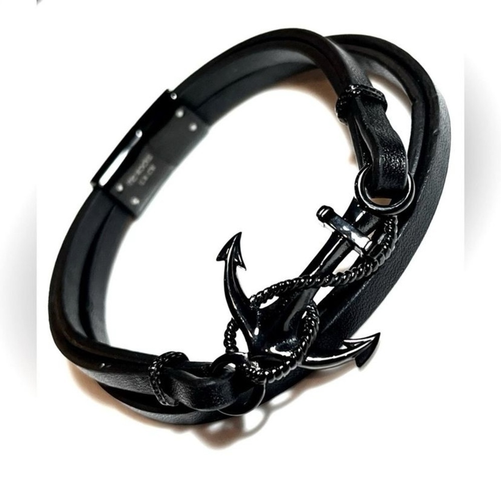 NWT  He Rocks Mens BRACELET 8.5” Black Stainless Anchor 4 Leather Wrap Bands
